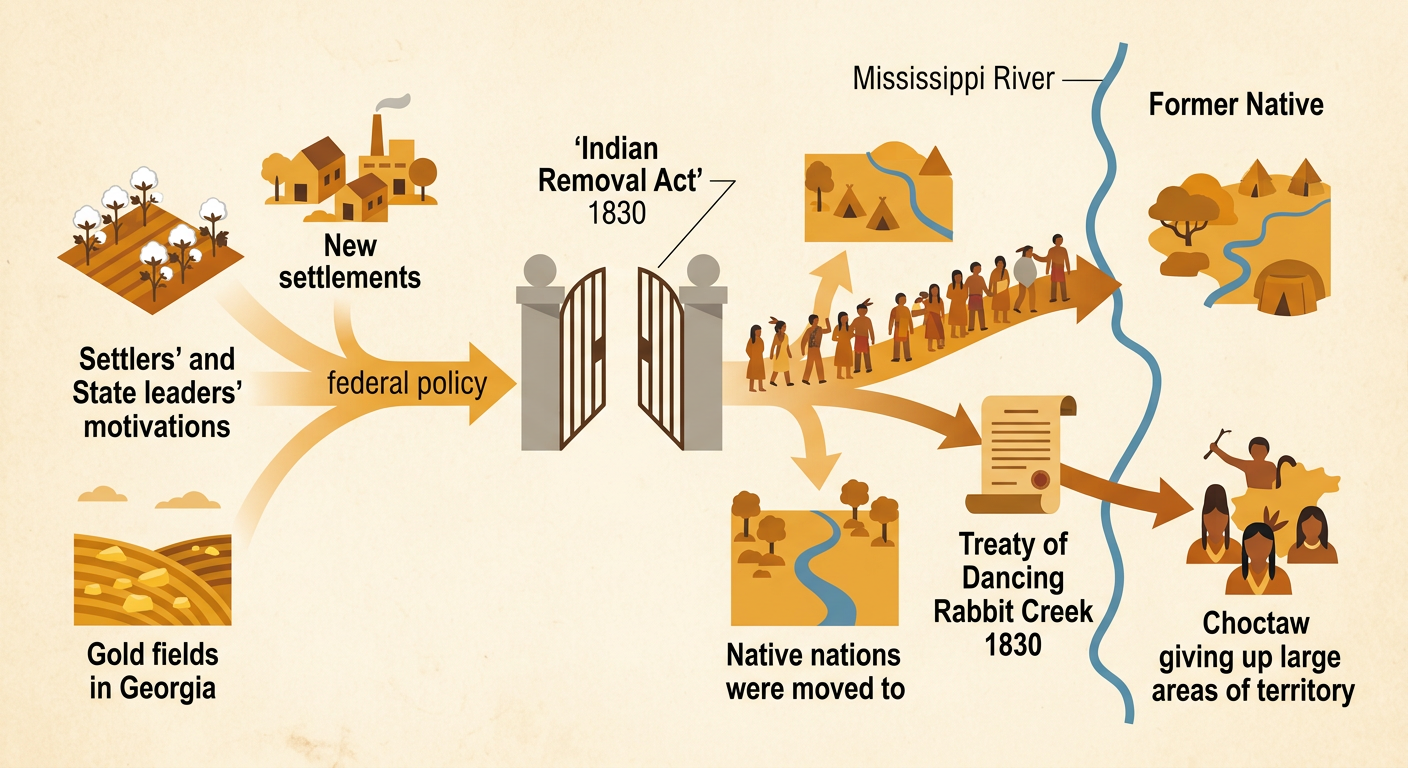 A cause-and-effect diagram connects settlers’ land demands, the Indian Removal Act, Choctaw land loss, and removal west.