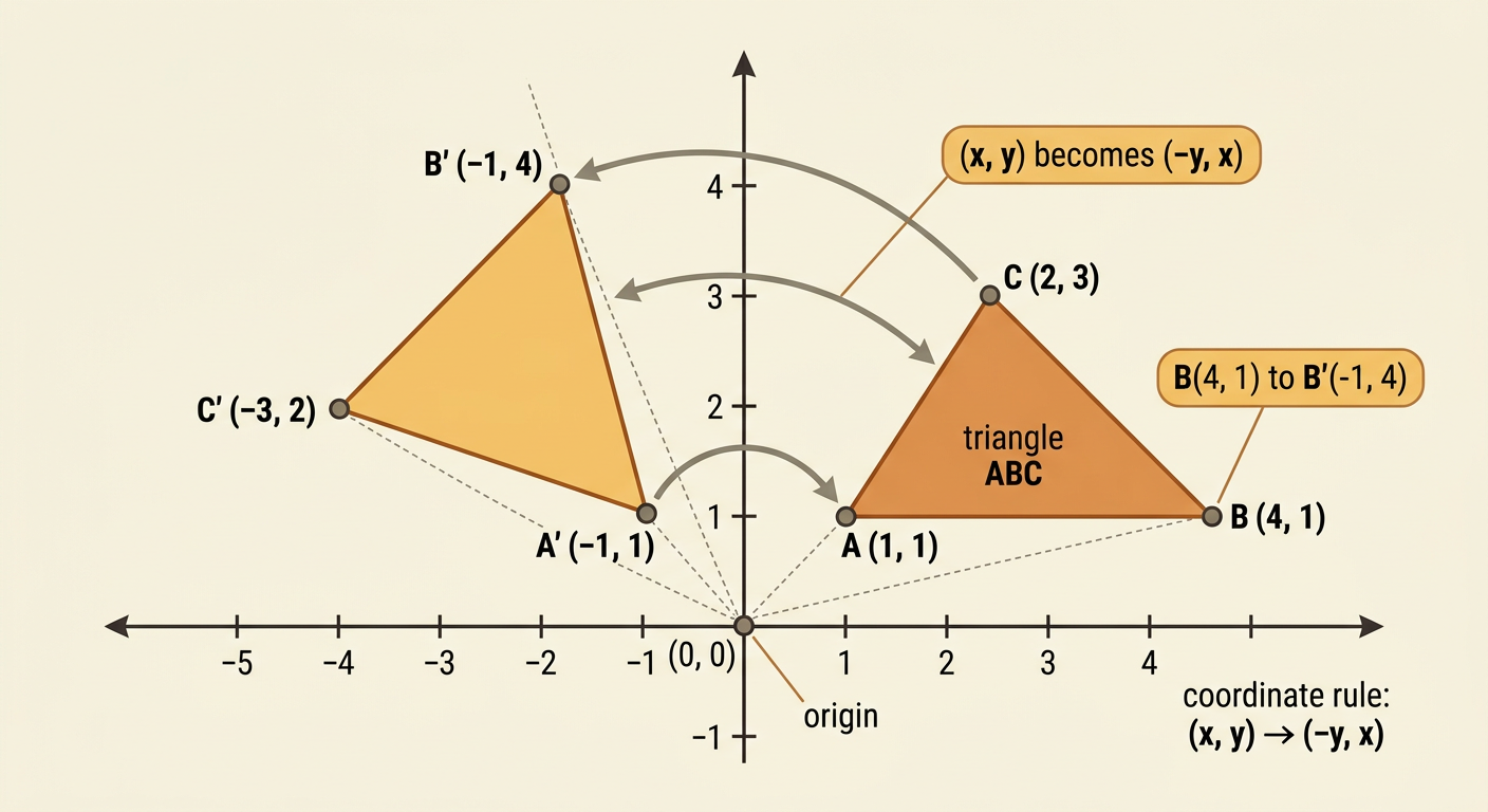 A coordinate plane shows triangle ABC and triangle A'B'C' after a 90-degree counterclockwise rotation.