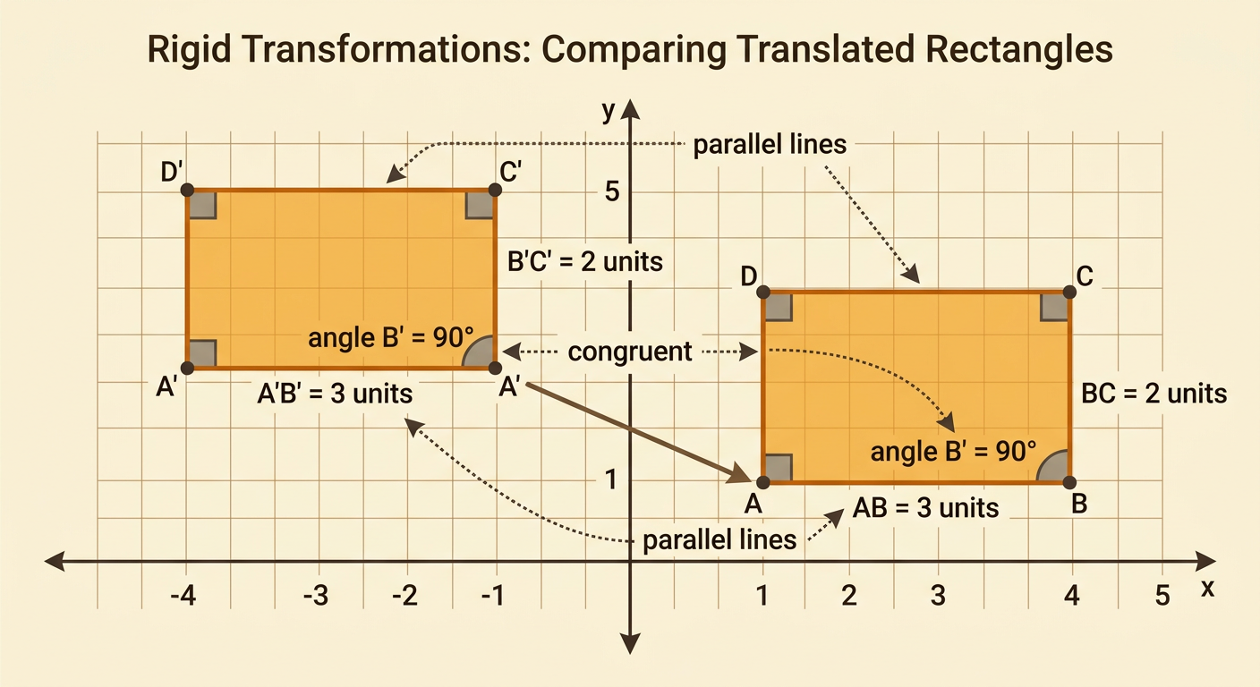 A grid shows congruent rectangles before and after a translation, with matching sides and right angles marked.