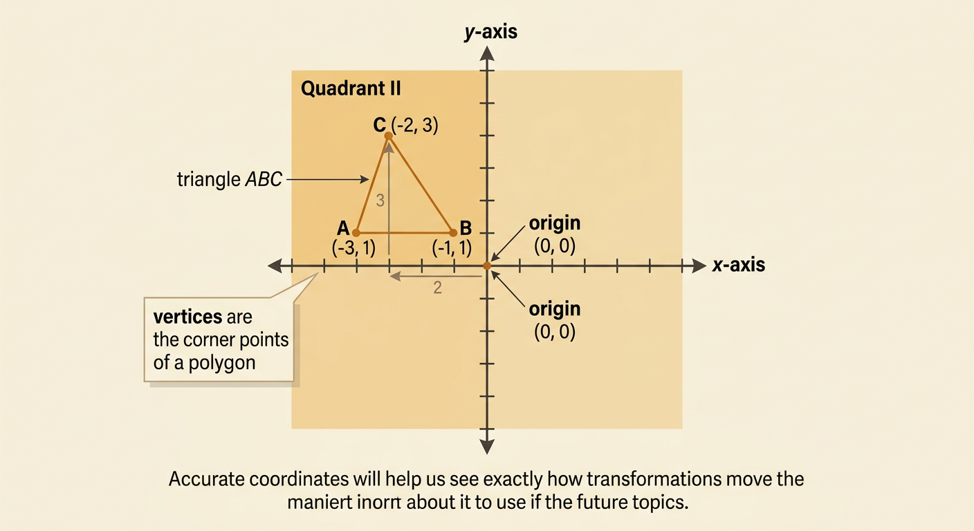 A coordinate plane shows triangle ABC in Quadrant II with its three vertices and axes labeled.