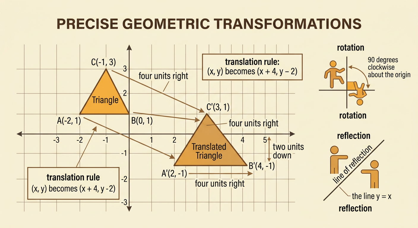A transformation guide shows a translated triangle beside complete examples of rotation and reflection descriptions.