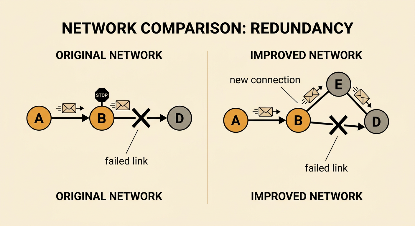 An improved network uses a new connection from B to E to route around the failed link to D.