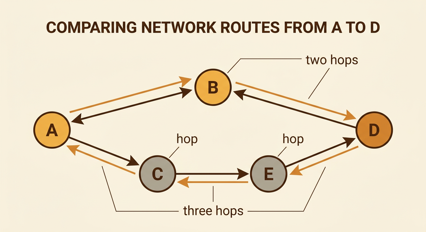 A network diagram shows a two-hop route and a three-hop route from A to D.