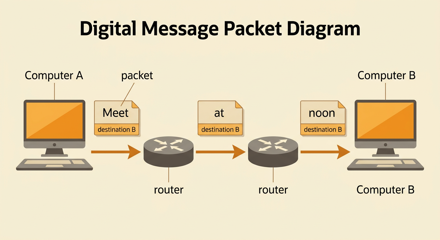Three message packets travel from Computer A through a router toward Computer B.
