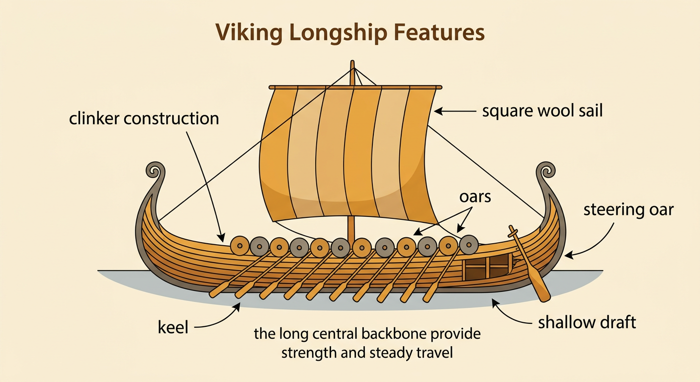 A cutaway diagram of a Viking longship displays the hull, sail, rowing system, steering system, and shallow position in the water.