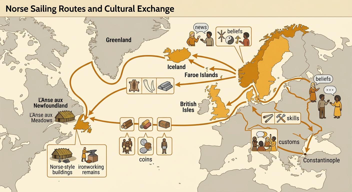 A route map connects Scandinavia with the British Isles, Iceland, Greenland, North America, and Constantinople, highlighting the archaeological site in Newfoundland.