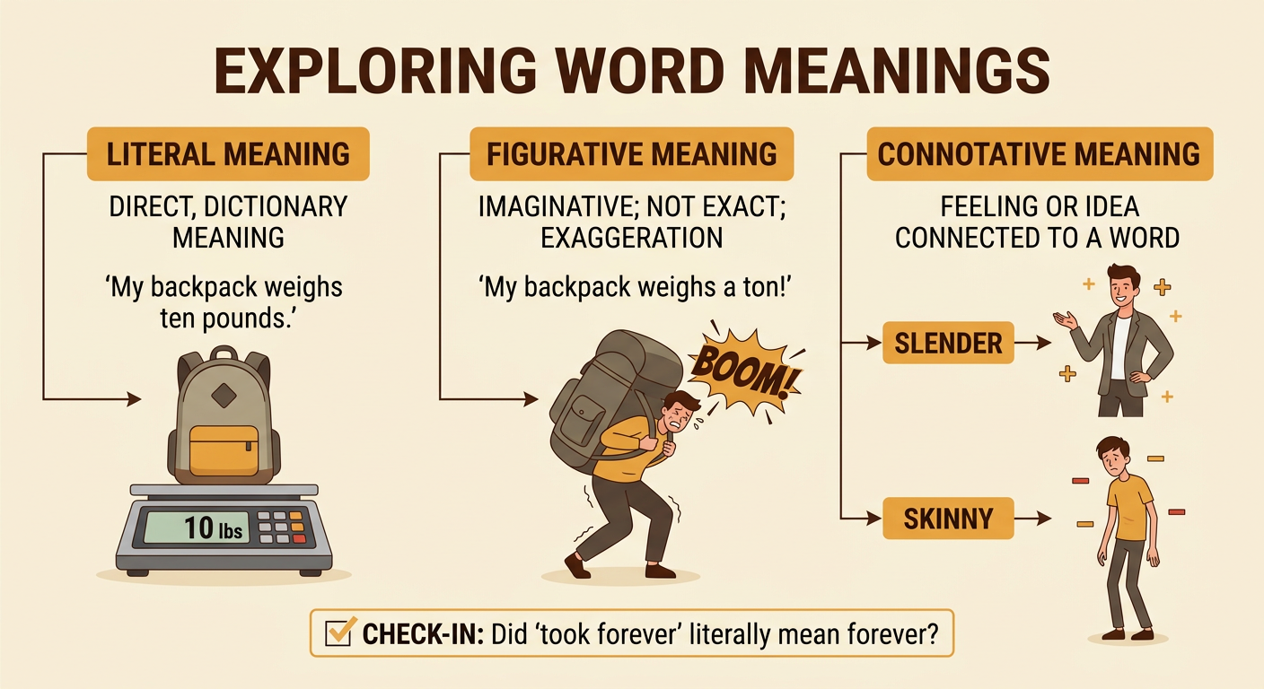 A student holds a ten-pound backpack beside an exaggerated giant backpack, with the words slender and skinny showing contrasting feelings.