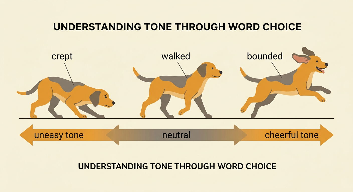 A dog approaches along three illustrated paths that show neutral walking, secretive creeping, and cheerful bounding.