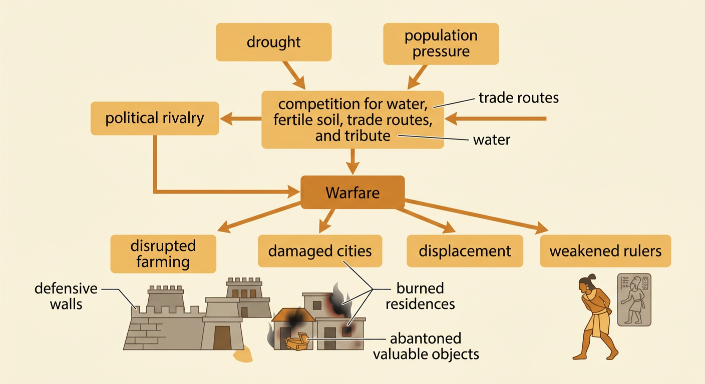 A reconstruction of Aguateca shows defensive walls, threatened water and trade routes, and burned residences after an attack.