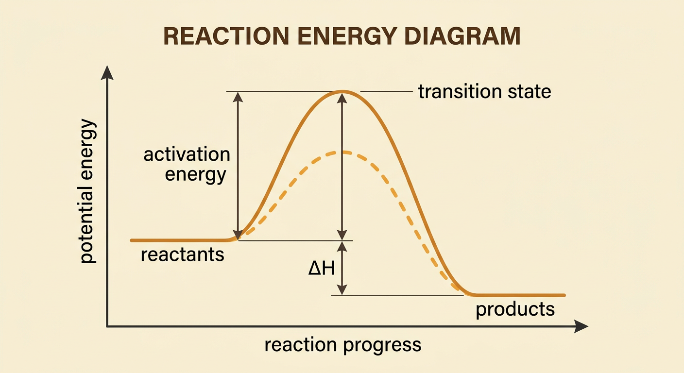 An exothermic reaction energy curve rises to a peak and falls to products below the reactants.