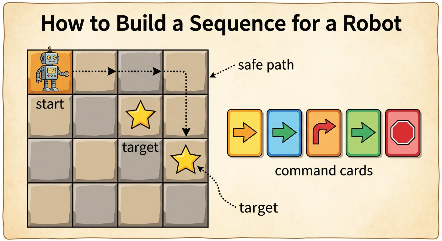 Five command cards form a left-to-right row beside a grid showing a safe path from a start square to a target square.