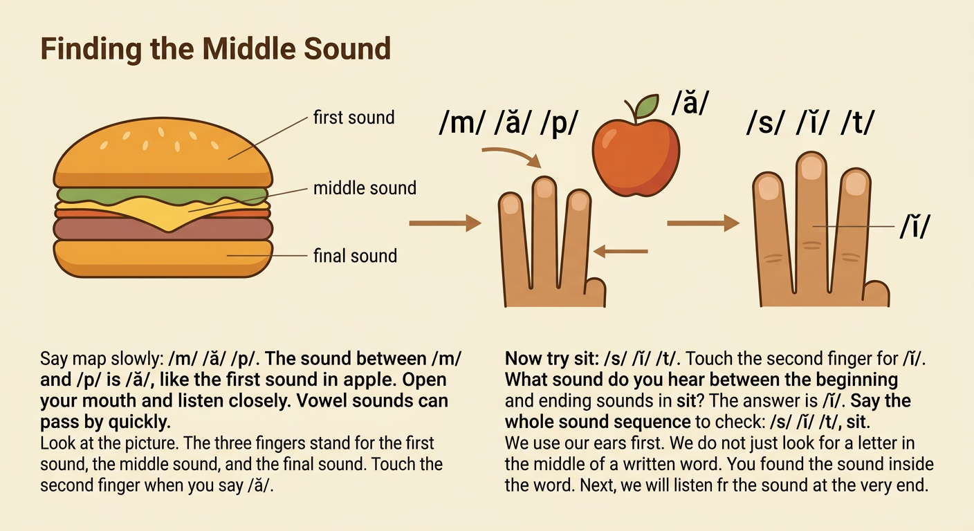A hand holds up three fingers, with the center finger highlighted for the middle vowel sounds /ă/ and /ĭ/.