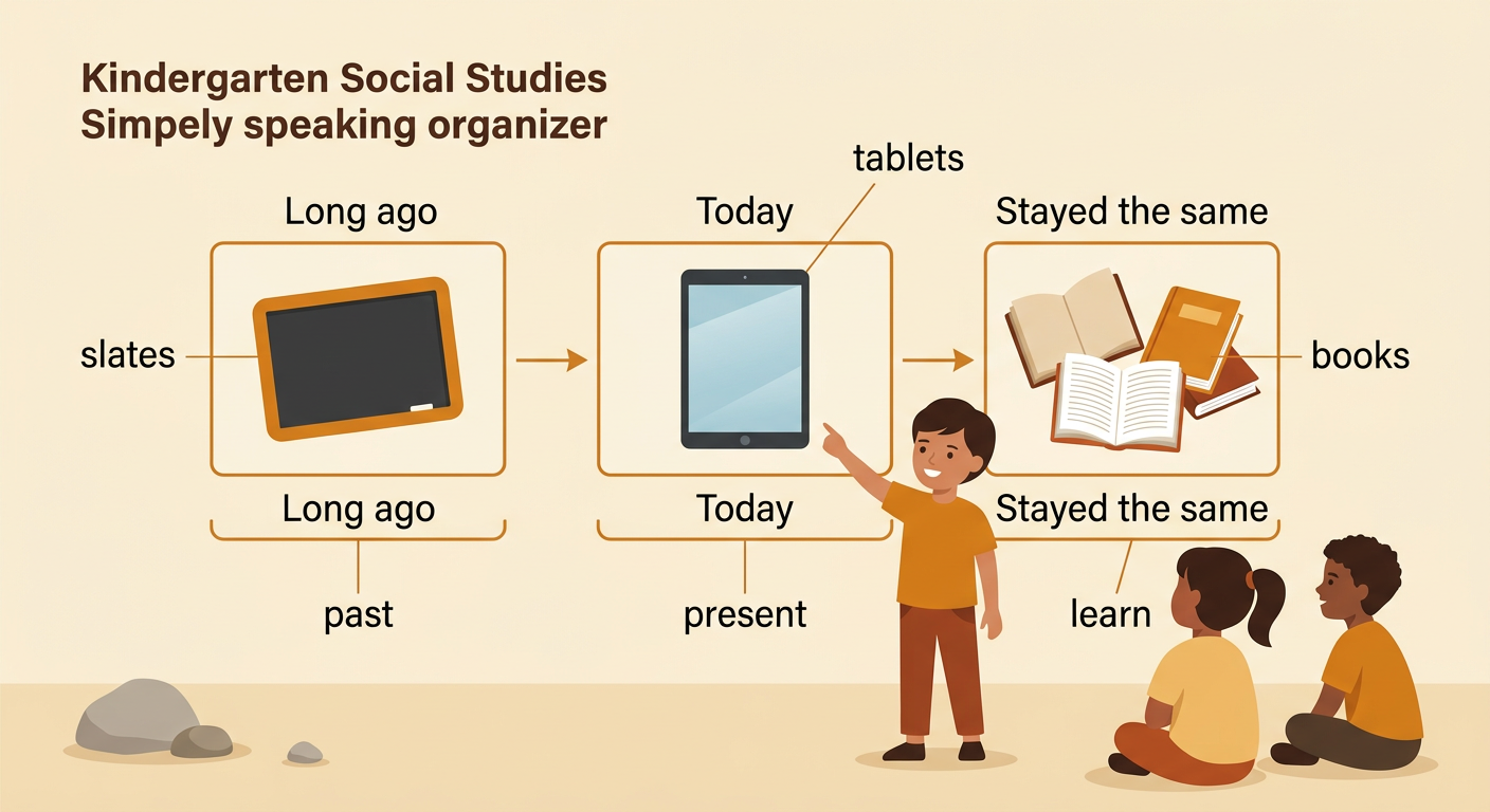 A child compares slates and tablets as changed tools while pointing to books as a tool used in both times.