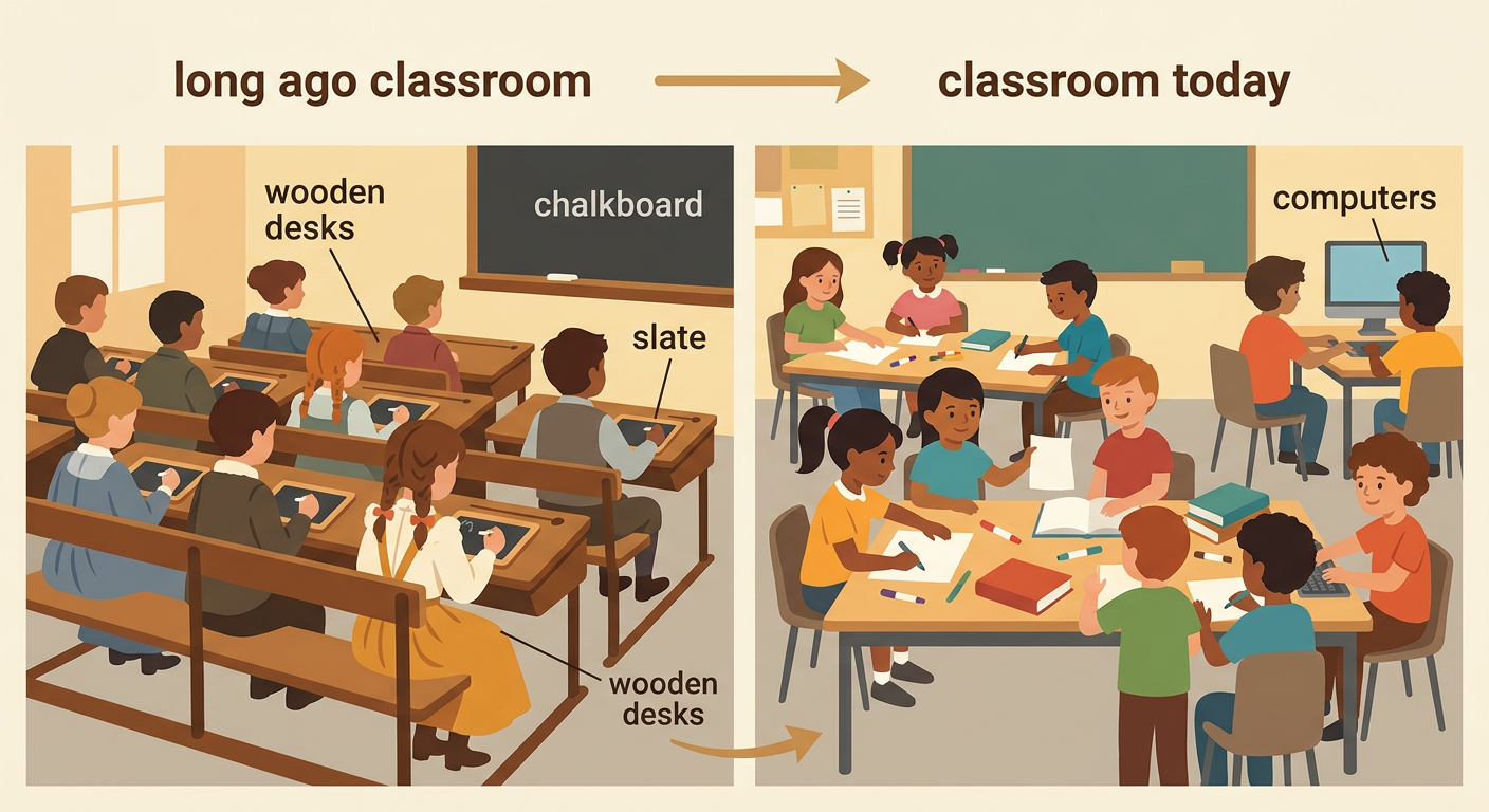 A split picture shows a long ago classroom with wooden desks and a modern classroom with tables and computers.