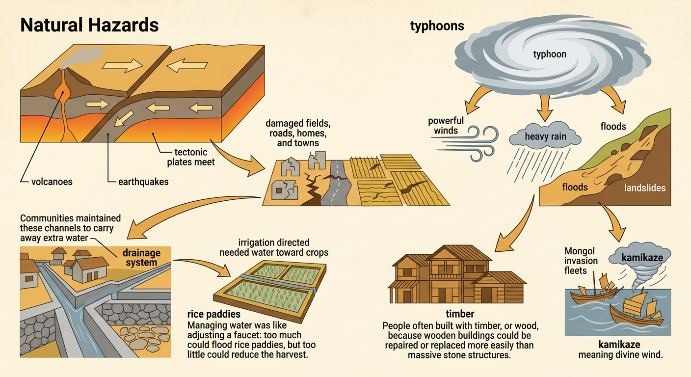 A medieval community responds to a typhoon by repairing timber homes, flooded paddies, and a drainage system as damaged Mongol ships appear offshore.