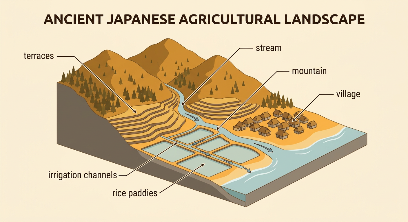 A medieval village sits beside connected rice paddies, irrigation channels, and hillside terraces.