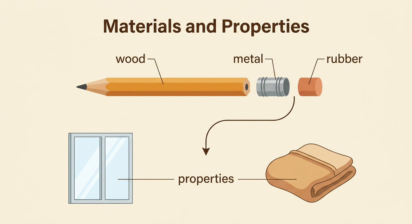 A large pencil is shown with arrows pointing to the different materials in its body, eraser, and band.