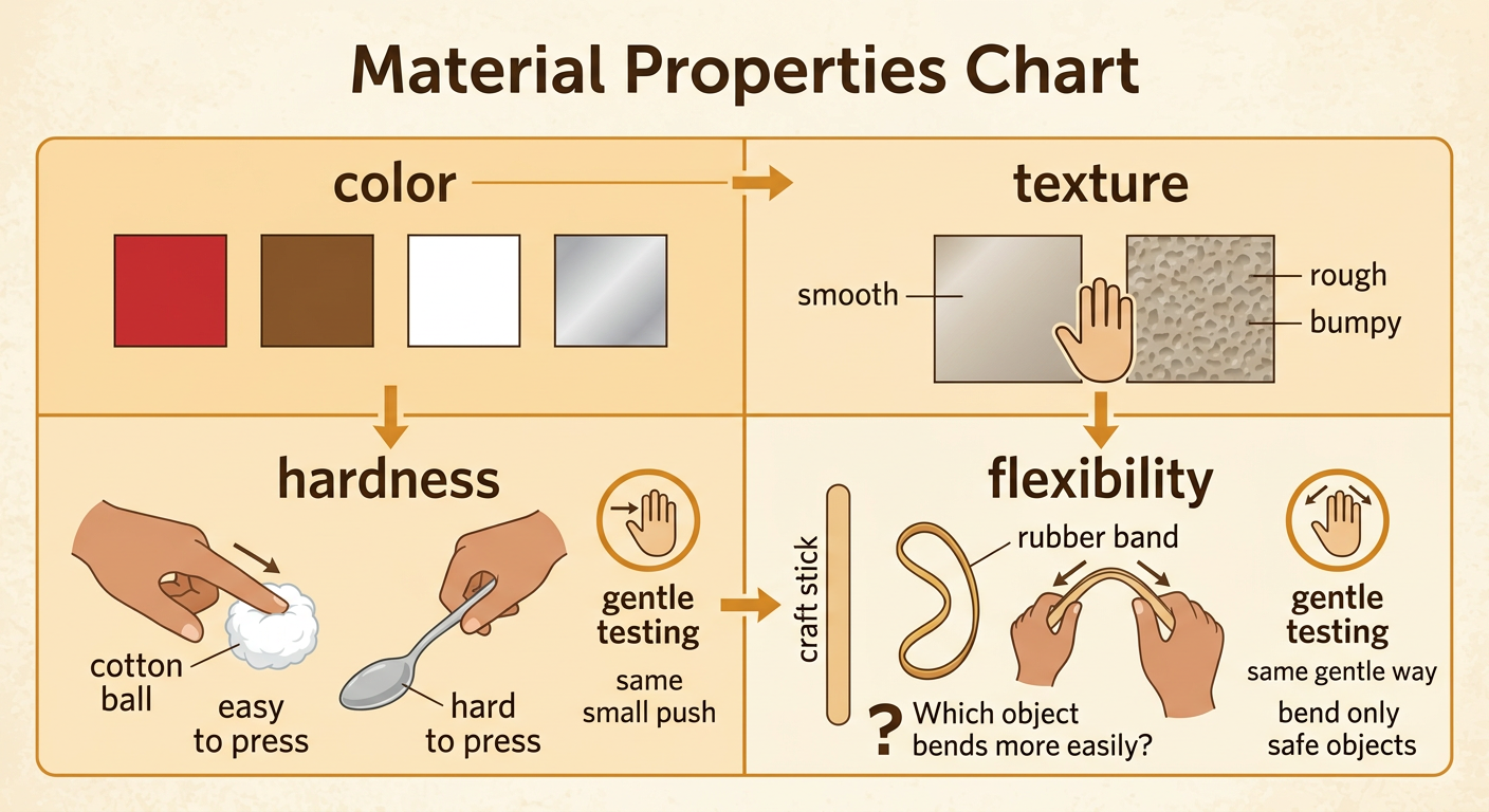 A spoon, rubber band, and cotton ball are compared for how hard they are to press and how easily they bend.