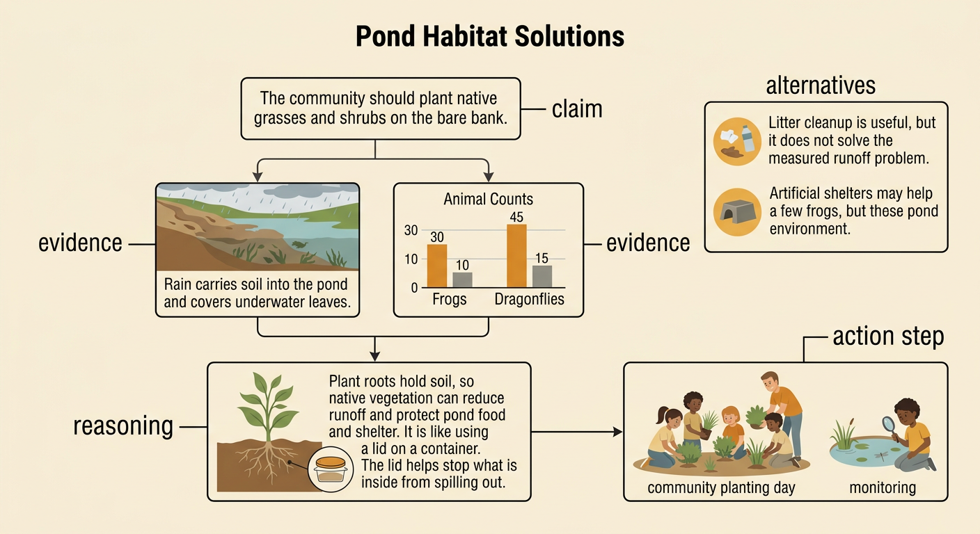 An organizer connects the planting claim to pond evidence, scientific reasoning, alternatives, and a community action step.