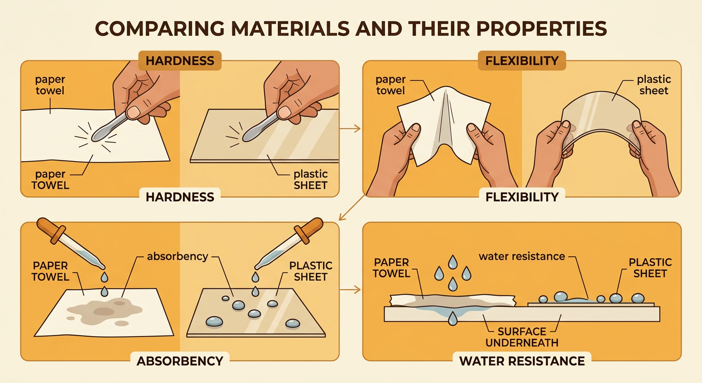 A paper towel and plastic sheet are bent and sprinkled with water, with arrows showing how each material responds.