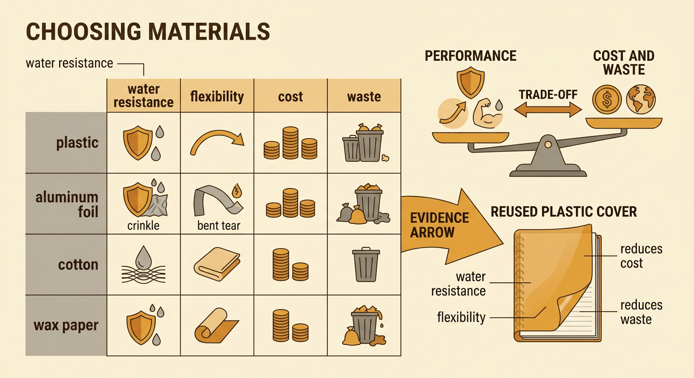 A decision chart compares three notebook-cover materials by performance, cost, and waste before selecting reused plastic.