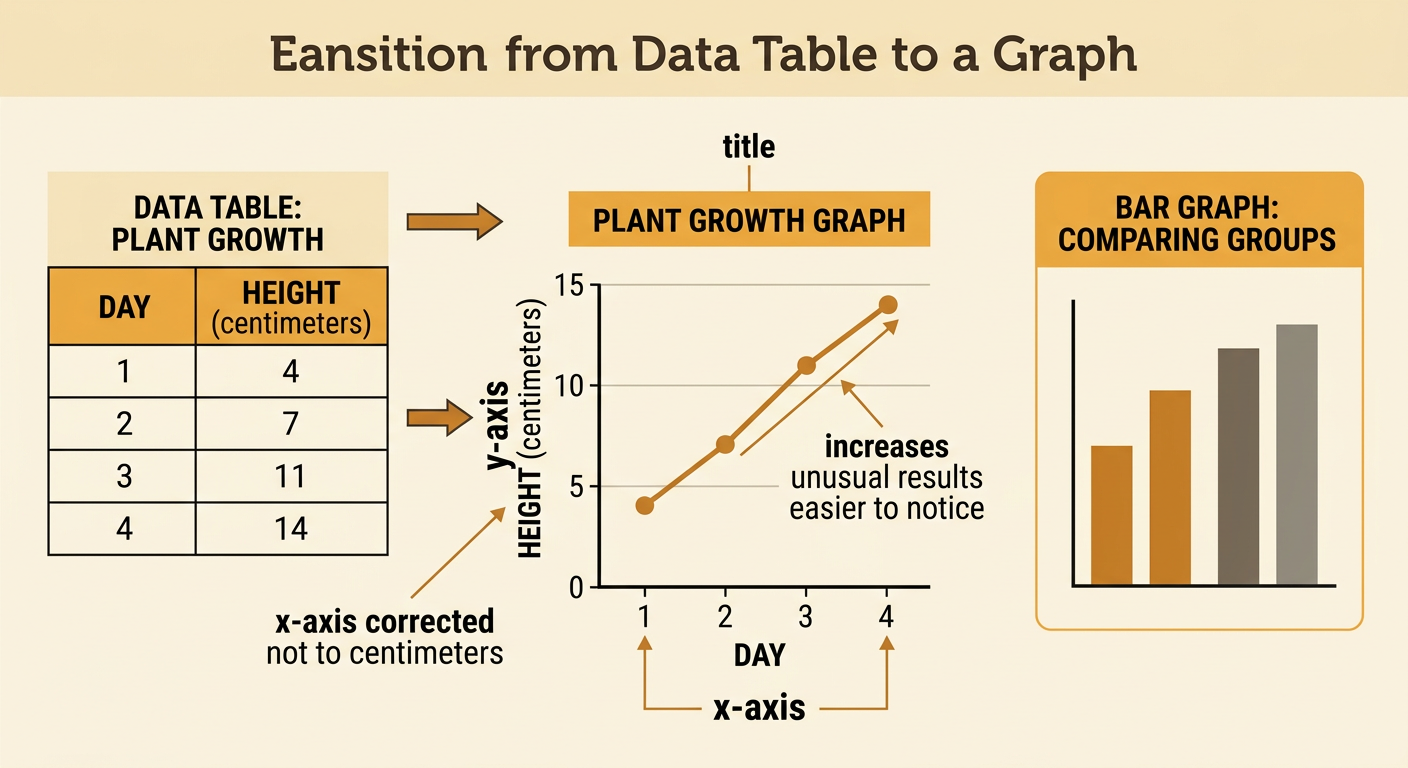A data table and line graph show a bean plant increasing in height from 4 to 14 centimeters over time.
