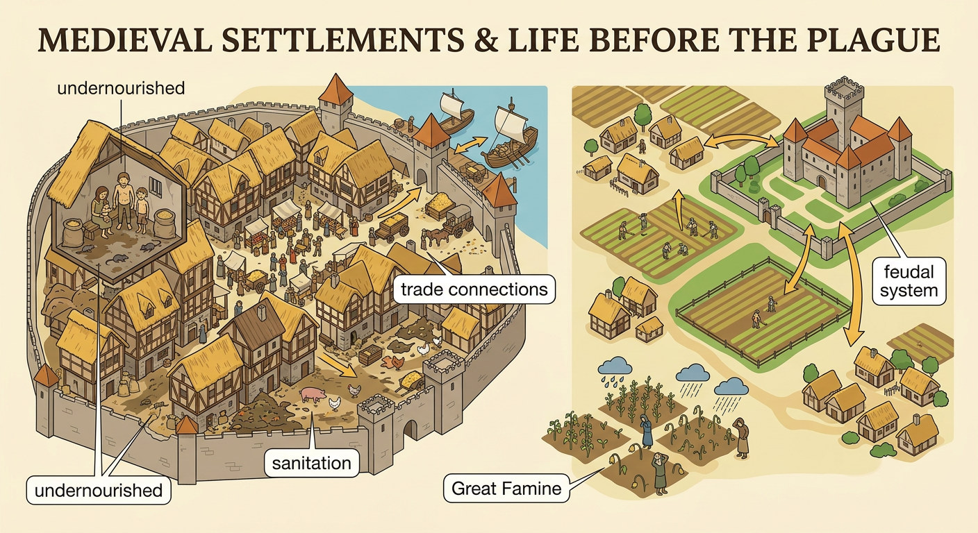 A medieval village and crowded town show farming, hunger, poor sanitation, and growing trade connections.