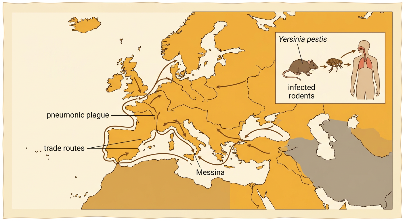 A map traces plague moving by merchant ship from the Black Sea to Messina and then along inland trade routes.