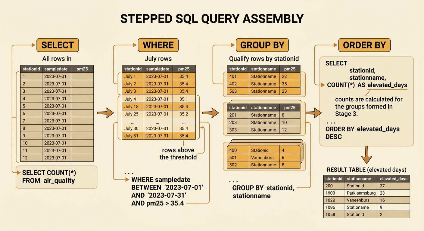 A SQL query flows through selection, filtering, grouping, and sorting to produce elevated-day counts by station.
