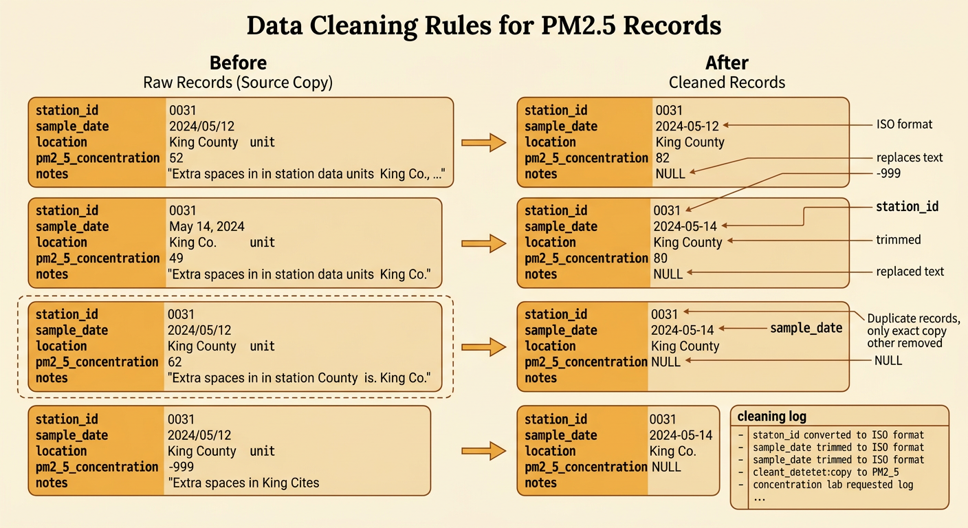 A before-and-after air-quality record shows a standardized date, a missing code changed to NULL, and the change documented.