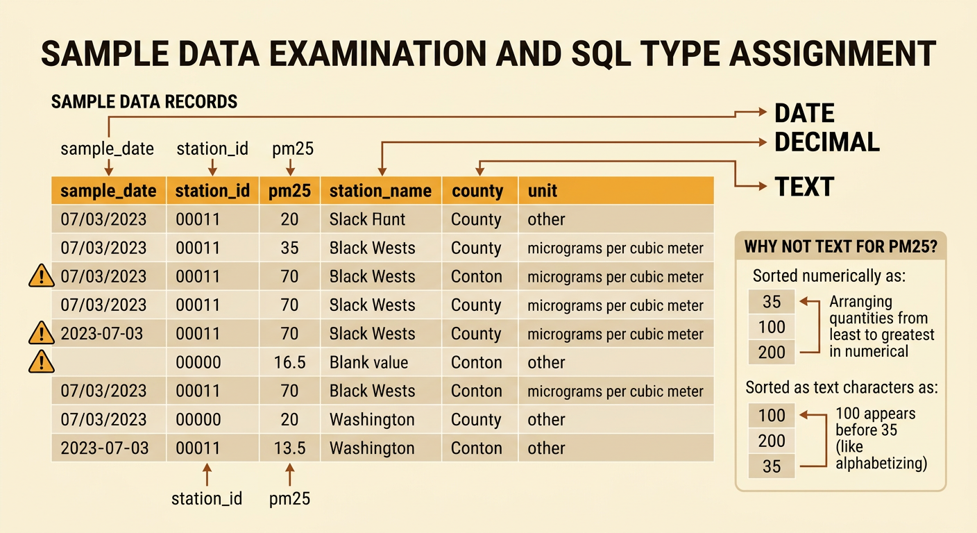 A sample spreadsheet shows air-quality fields, mixed date formats, and assigned database types.