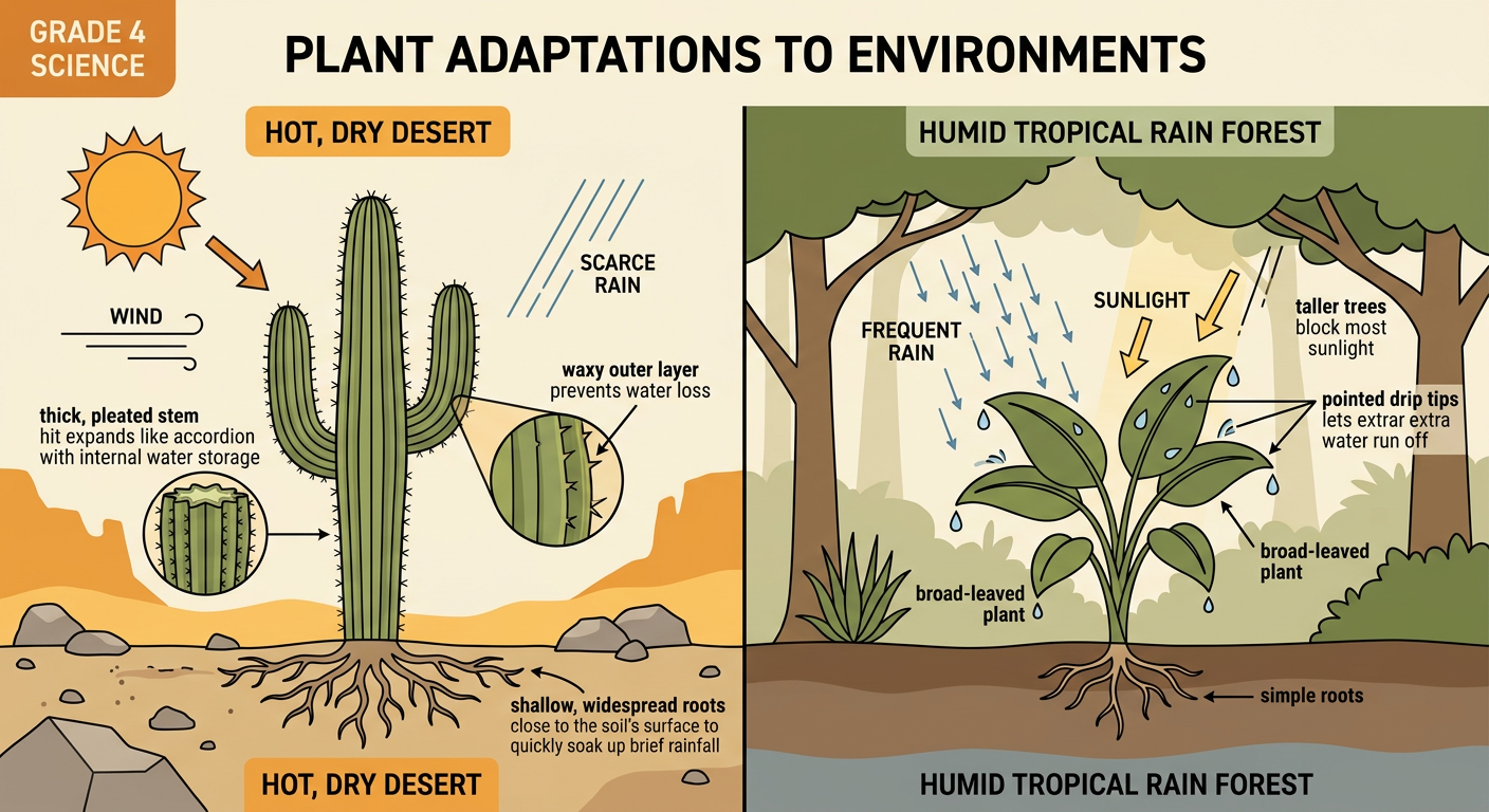 A split scene compares a saguaro cactus in a dry desert with a broad-leaved plant in a shaded tropical rain forest.