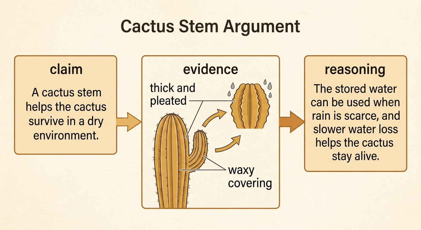 A three-part organizer connects a cactus survival claim to observations and an explanation of stored water.