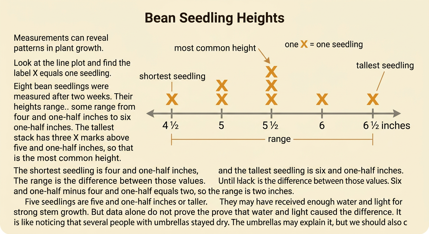 A line plot displays the heights of eight bean seedlings from four and one-half to six and one-half inches.