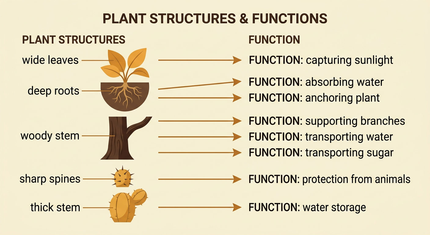 A plant-function comparison shows wide leaves, deep roots, a woody stem, cactus spines, and a thick cactus stem.