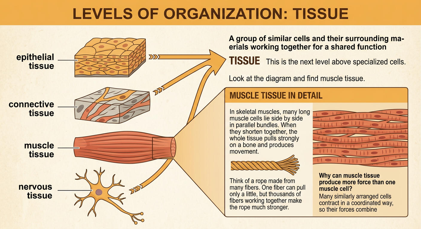 A diagram shows the four major tissue types, with long muscle cells arranged in parallel bundles.