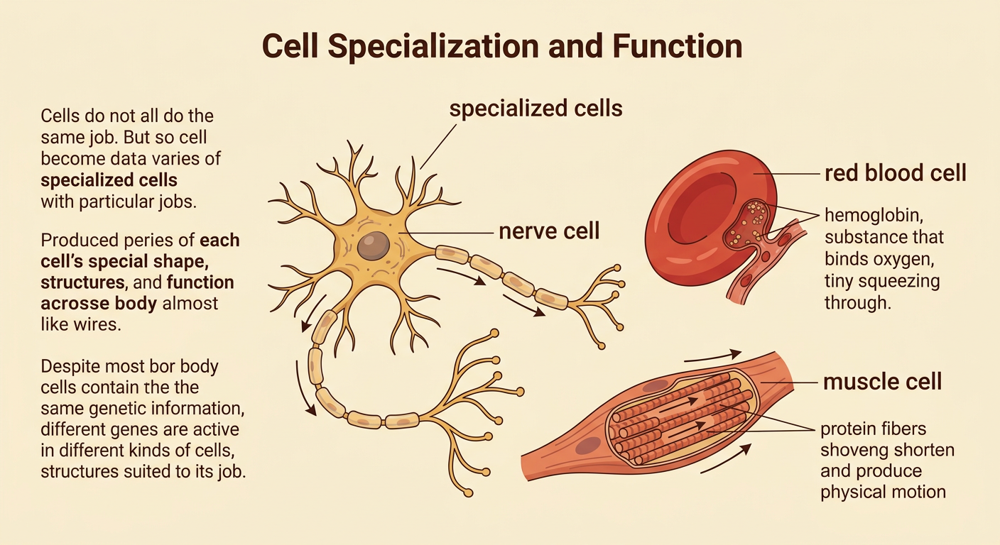 The picture compares a nerve cell, red blood cell, and muscle cell, highlighting structures suited to their functions.