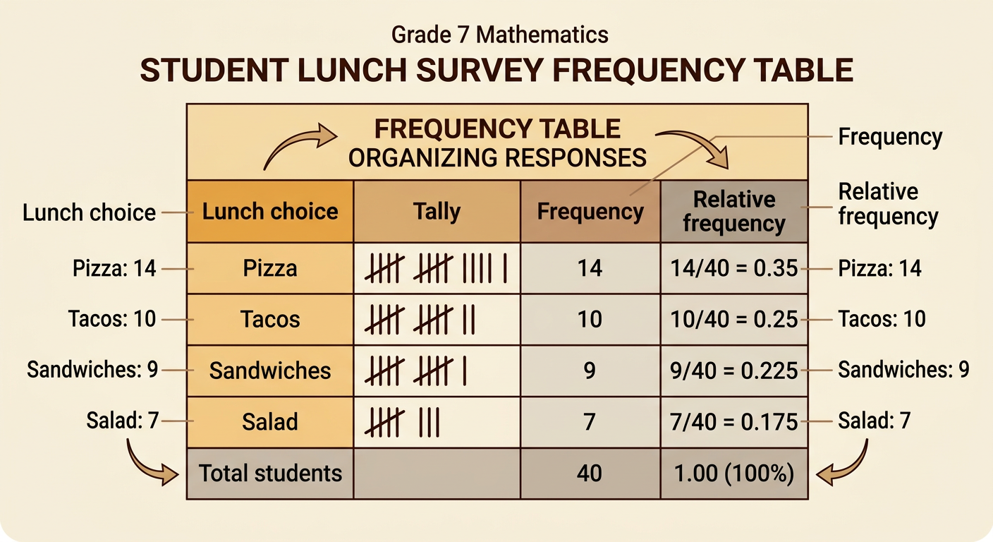 A frequency table shows tallies, frequencies, and relative frequencies for a 40-student favorite-lunch survey.