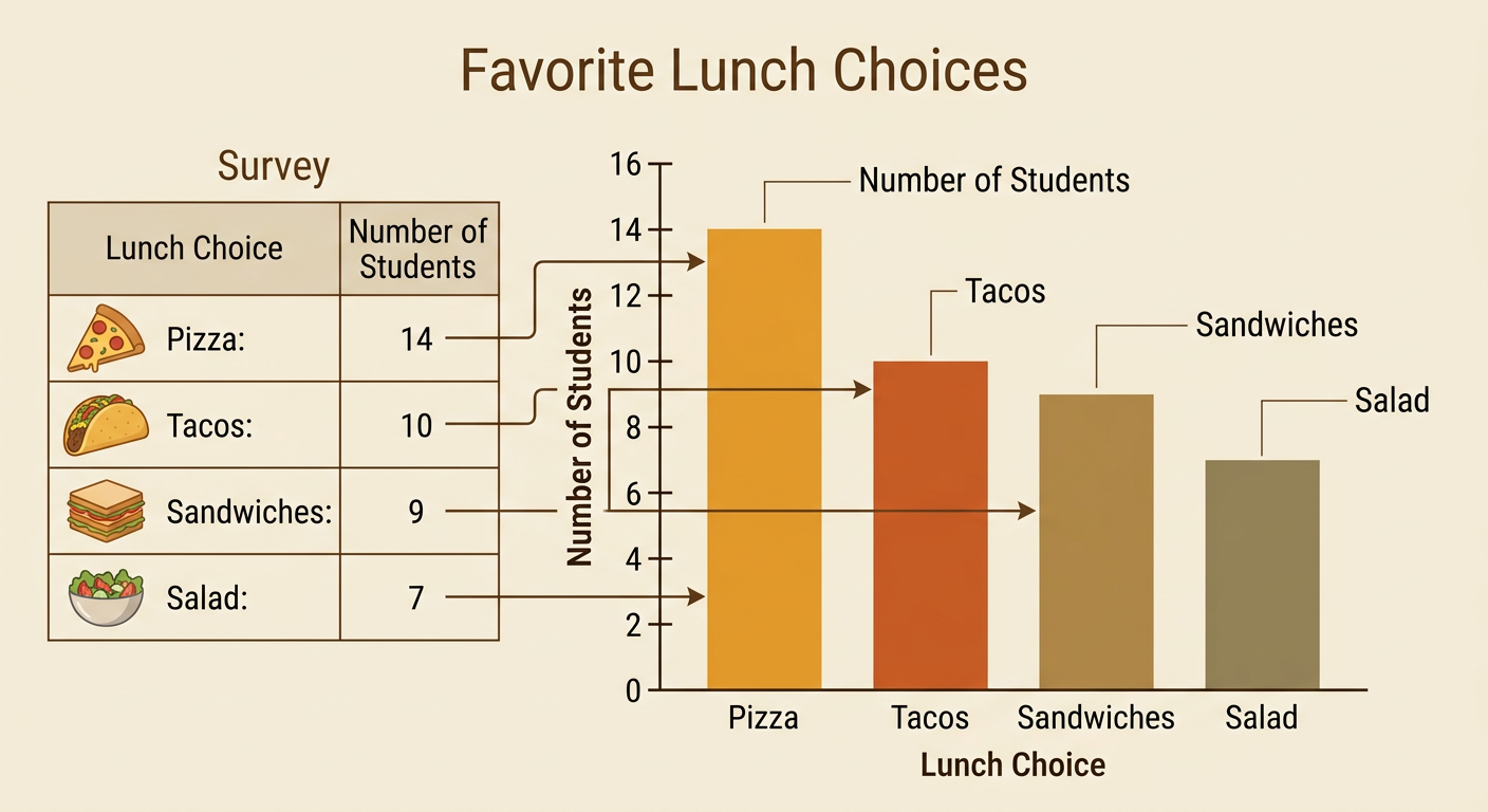 A completed bar graph titled Lunch Choices shows Pizza at 14, Tacos at 10, Sandwiches at 9, and Salad at 7.
