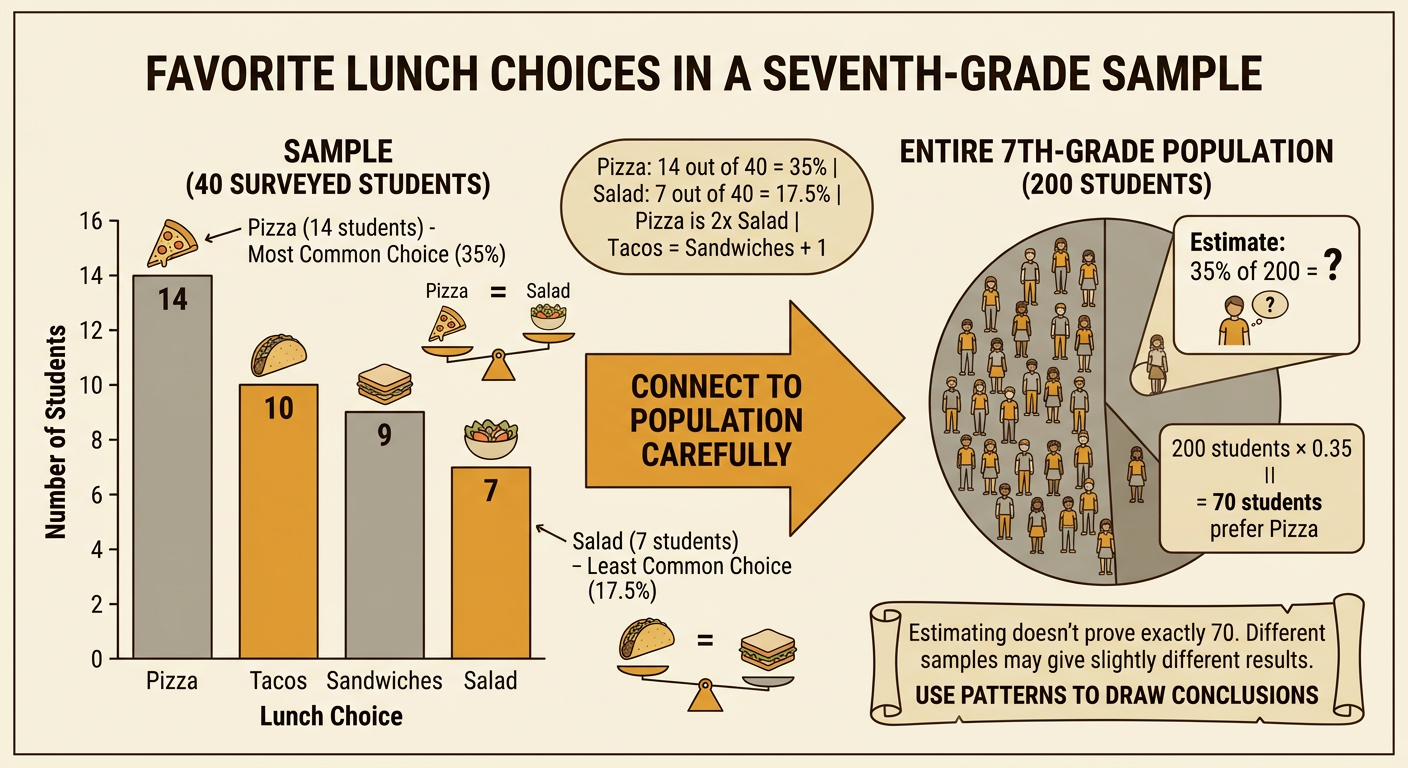 A simple bar graph compares students’ favorite foods, with pizza highest and salad lowest.