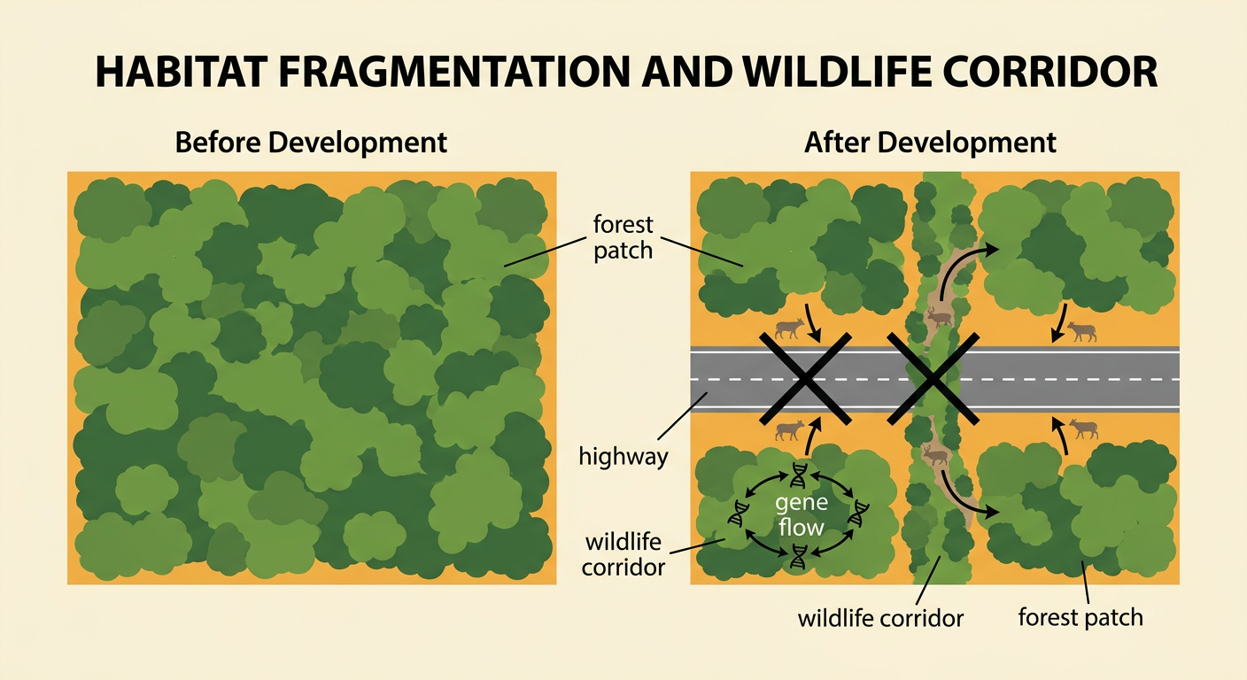 Two forest patches divided by a highway are reconnected by a protected wildlife corridor used by black bears.
