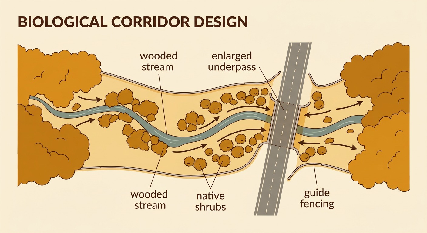 A corridor plan follows a wooded stream through native shrubs to an enlarged underpass with guide fencing along the highway.