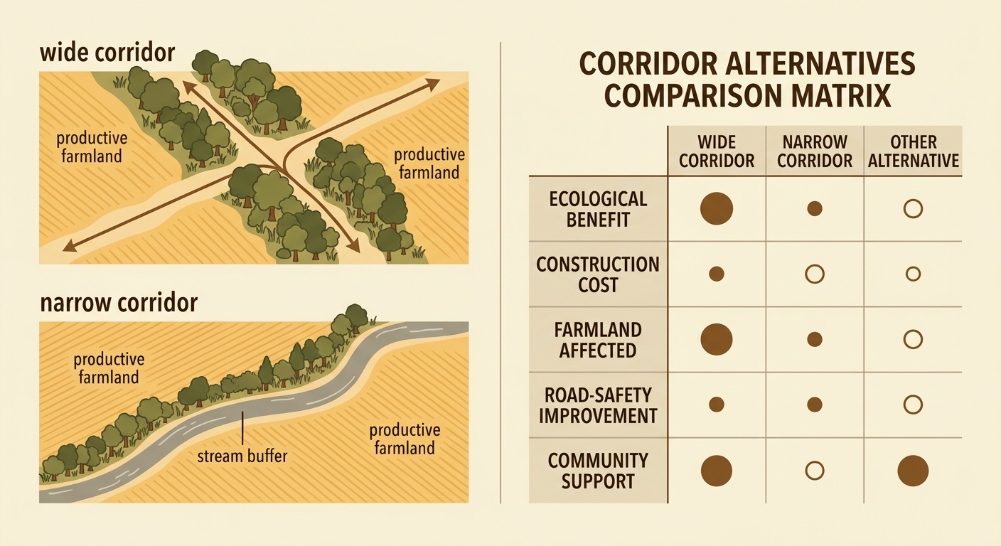 Two corridor alternatives are compared: a wide corridor across productive farmland and a narrow corridor along a stream buffer.