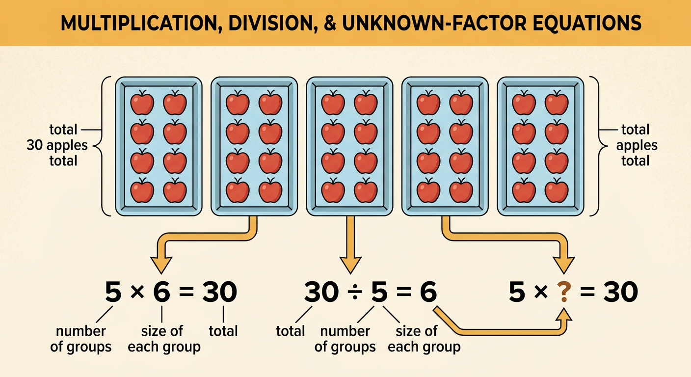 Five trays each contain six apples, showing a total of thirty apples and three related equations.