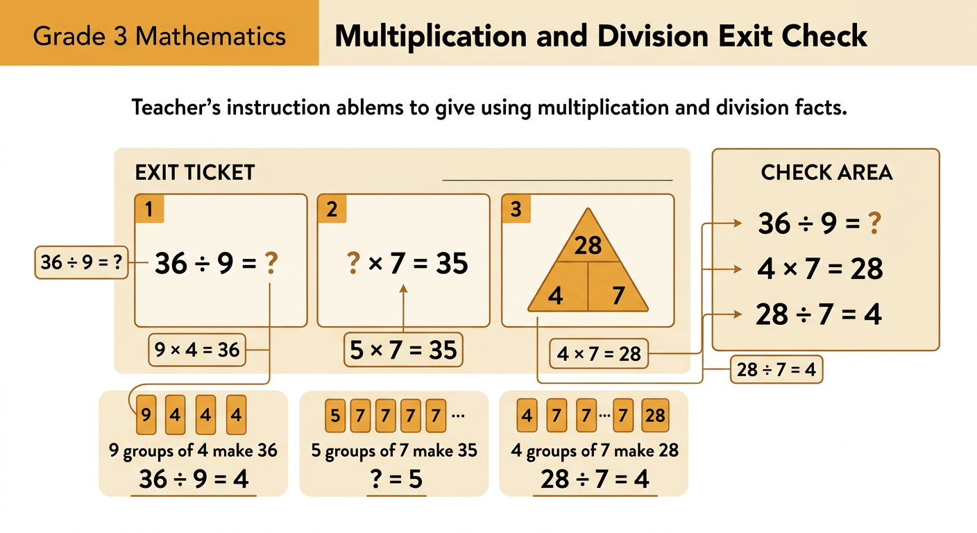 A completed exit check shows three problems, their answers, and multiplication checks with equal groups.