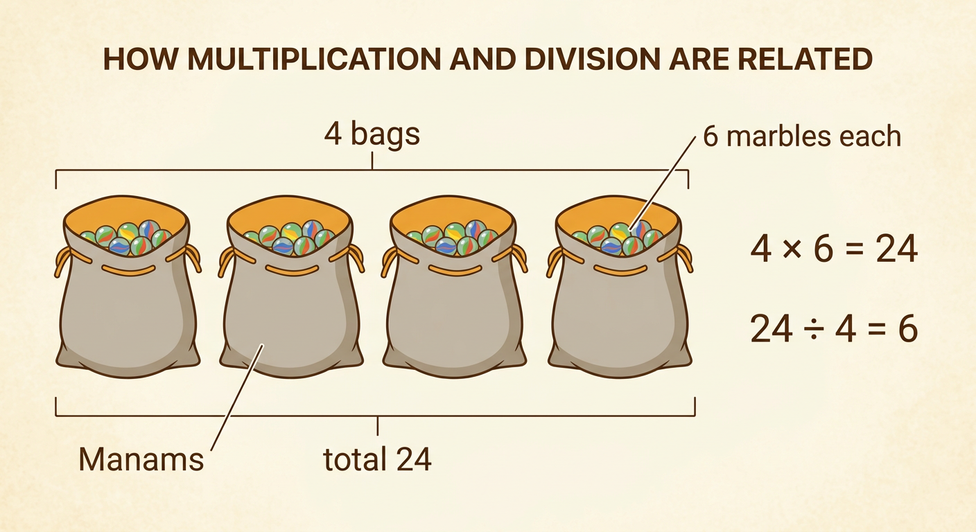 Four bags each hold six marbles, with all twenty-four marbles shown as equal groups.