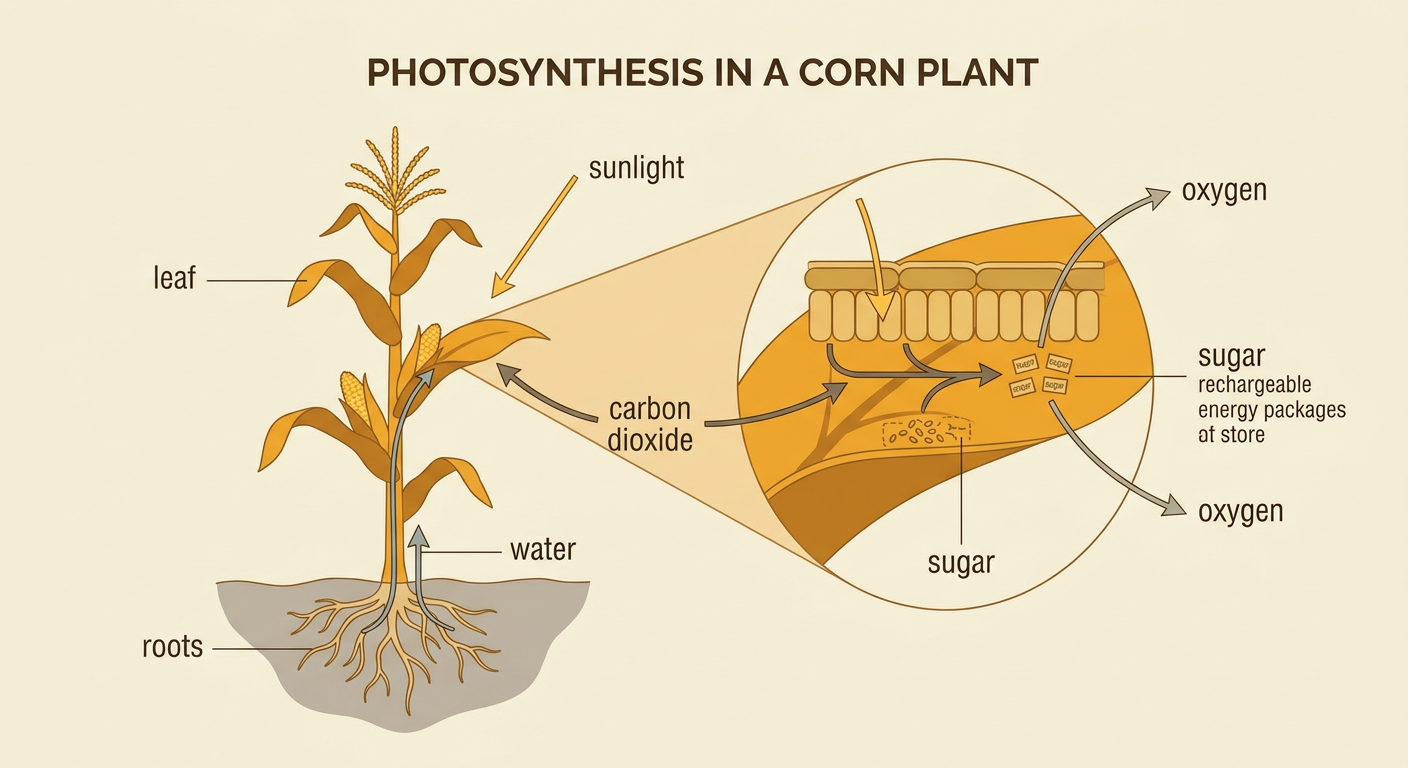 A corn plant uses sunlight, carbon dioxide, and water in a leaf to make sugar and release oxygen.