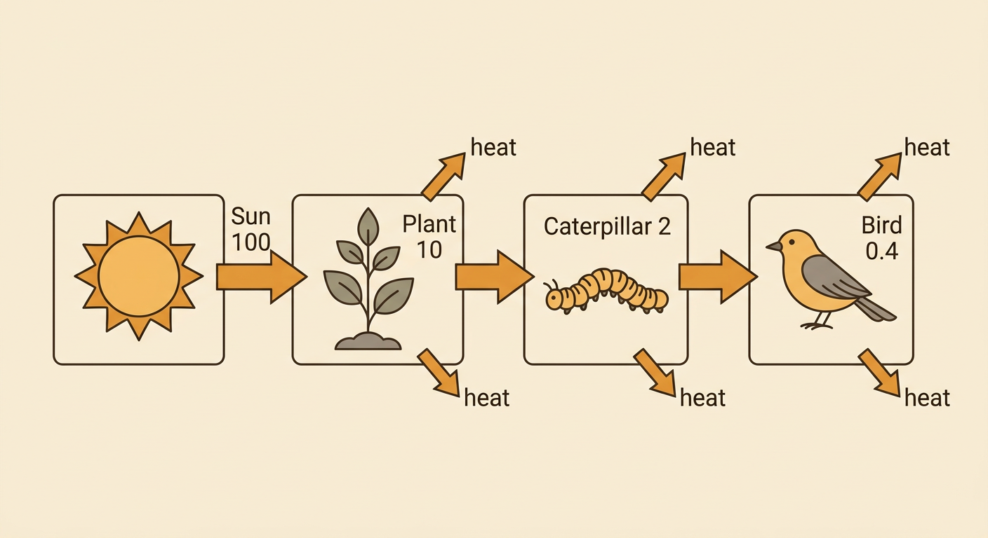 A numbered energy model shows decreasing energy values from the sun to a plant, a caterpillar, and a bird, with heat leaving at each step.