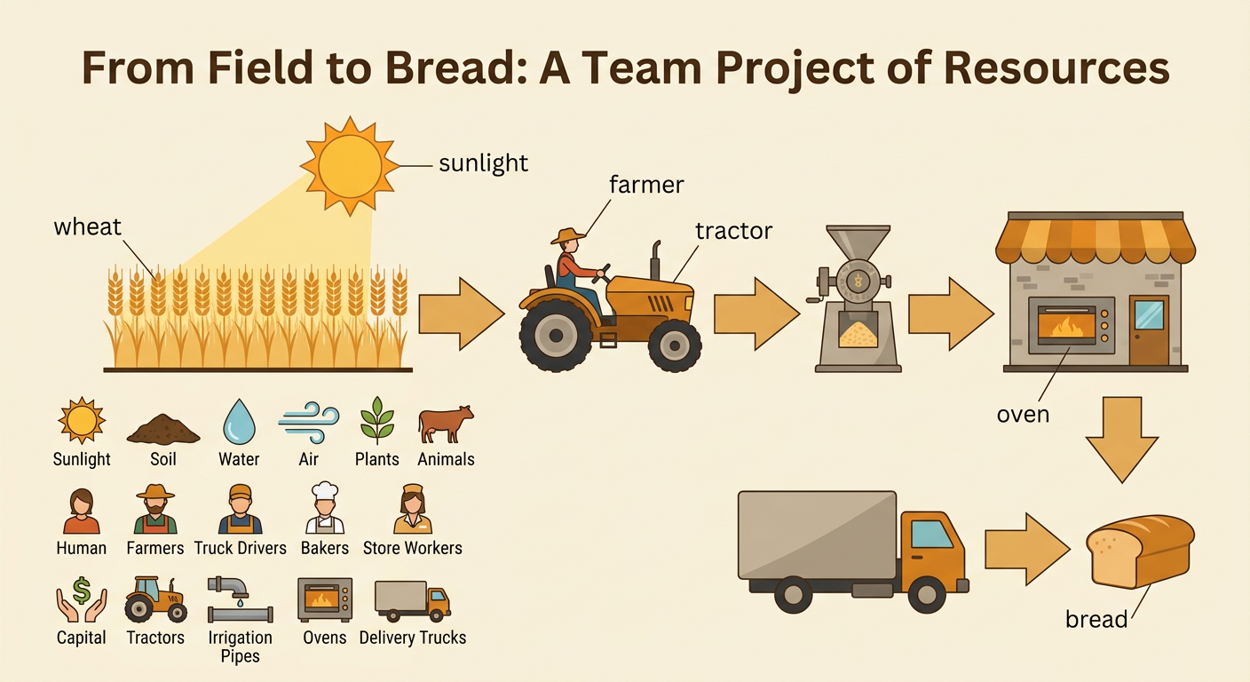 A farm-to-bakery scene shows wheat growing in sunlight, a farmer using a tractor, and a baker using an oven to make bread.