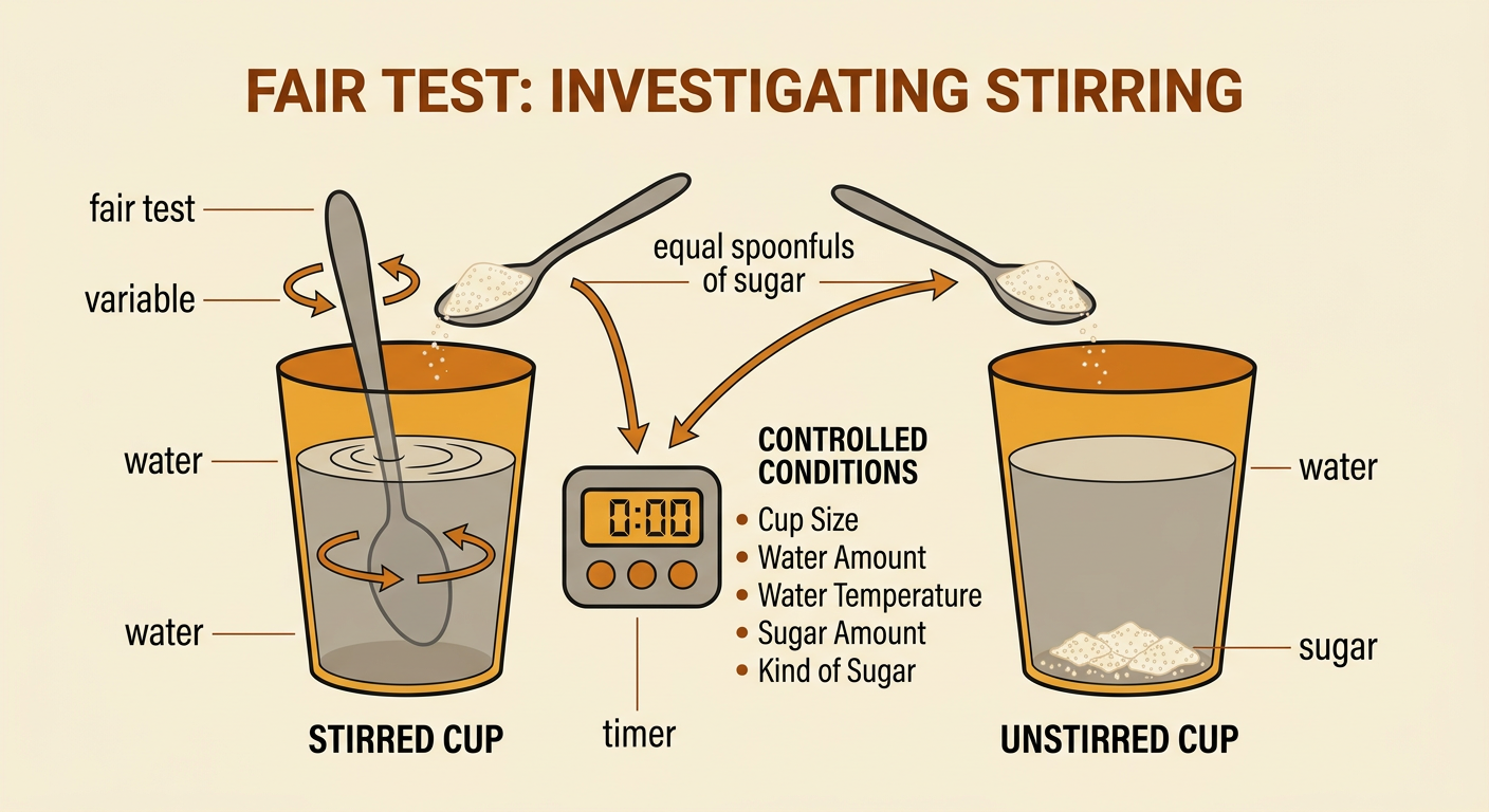 Two identical cups contain equal water and sugar, with one being stirred while a timer runs.